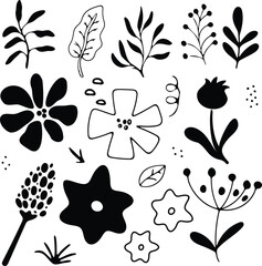 Collection of hand-drawn floral and botanical doodles in black and white. Simple flower and leaf illustrations with minimal line style, perfect for pattern design, stickers, invitations, and decorativ