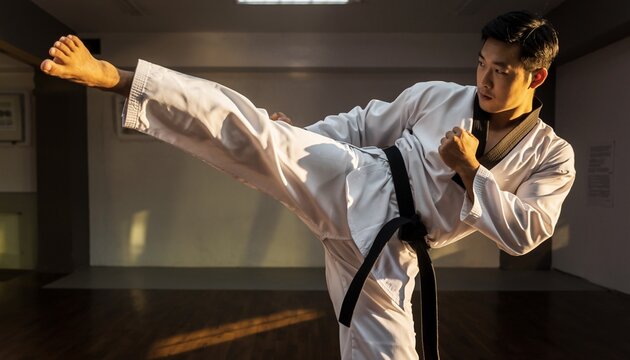 Man and fitness in portrait for karate or taekwondo, martial arts practice and discipline for self defense. 