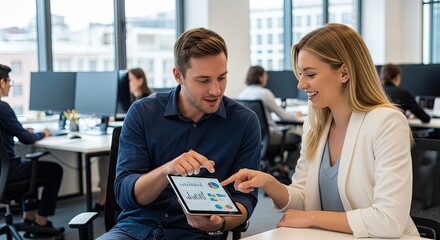 Two business professionals discussing data on a tablet in an office setting.