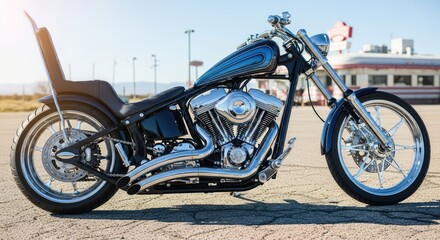 Obraz premium A custom motorcycle with blue and black paint, chrome accents, and a classic design, parked on a concrete surface with a diner in the background.
