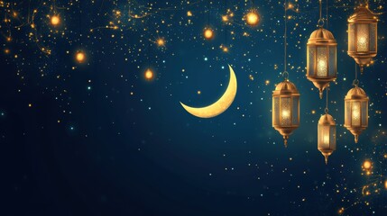 Vector illustration of Islamic background decorated with hanging lanterns and crescent moon. Soft ambient light. Blue gradient background.