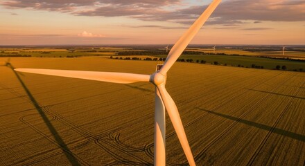 Fototapeta premium A wind turbine in a vast, open field with a golden sunset backdrop.