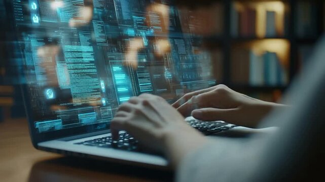 Futuristic holographic interface glowing blue data streams and code on laptop screen with hands typing in a dimly lit library background representing A I technology and digital innovation - Powered by Adobe