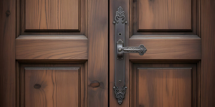 Old wooden door with vintage metal handle detail closeup rustic texture weathered surface