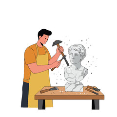 A skilled sculptor meticulously carving a classic marble bust using a chisel and hammer on a sturdy workbench, depicted in a clean 2D flat vector illustration with floating dust particles.