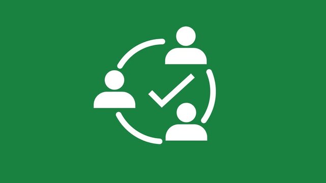 White Icon of Three People in Circle with Checkmark on Green Background teamwork collaboration