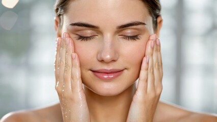 Naklejka premium A woman with closed eyes gently massages her face, conveying a sense of relaxation and skincare routine.