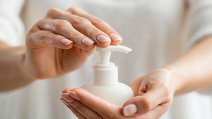 A person dispensing lotion from a pump bottle, highlighting skincare and personal care routines.