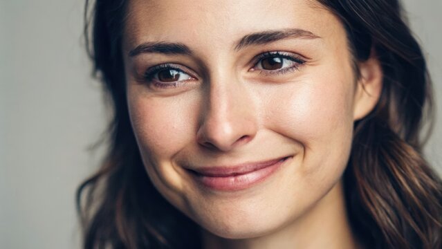 A smiling woman with long hair gazes thoughtfully, conveying warmth and approachability in a neutral setting.
