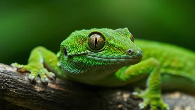 Close-up of a vibrant green gecko perched on a branch in its natural habitat.