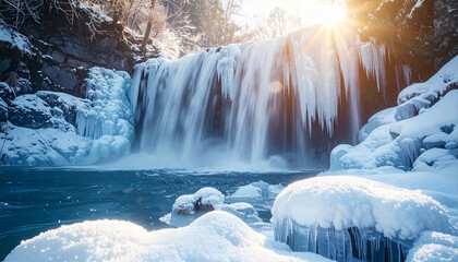 Realistic photo of a waterfall completely frozen mid-fall, crystal ice texture, soft winter sunlight, ultra-detailed 8K clarity