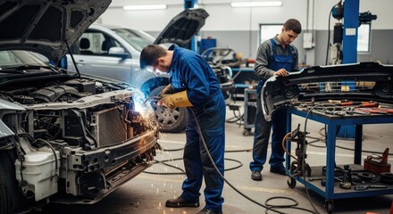 Two mechanics working on a car in a workshop.