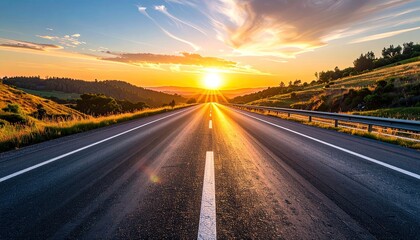 Naklejka premium Endless Open Road Stretching Towards a Fiery Sunset with Golden Light Rays Illuminating the Landscape