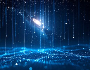 Digital light streams over a glowing landscape