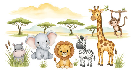 Fototapeta premium Cute safari animals standing together in savanna watercolor