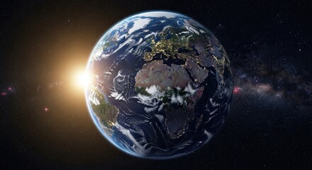 Fototapeta premium The Earth, a blue and green planet with a glowing sun in the background, is seen from space with a starry sky.