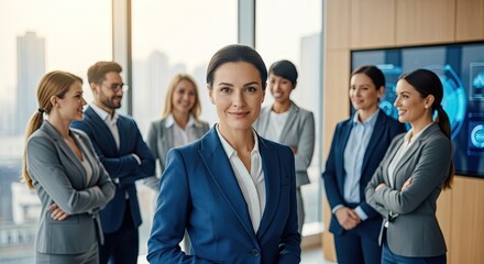 A confident businesswoman standing in front of a group of colleagues in a modern office setting.
