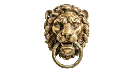 A golden lion head door knocker isolated on transparent background