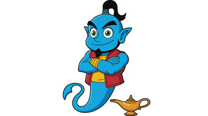 Obraz premium Cartoon genie with crossed arms and a magic lamp