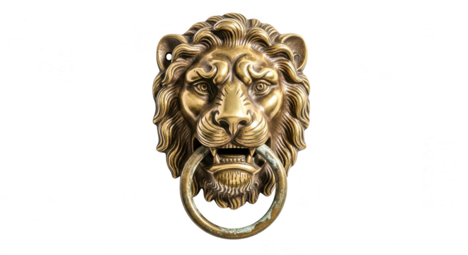 A golden lion head door knocker isolated on transparent background