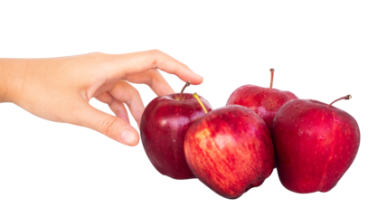 hand gesture reaching for a fresh red apple with an isolated white background