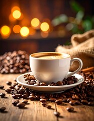 Cozy coffee still life with cup, beans, warm glow