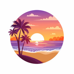 Tropical sunset beach paradise landscape with palm trees, sand, and ocean waves