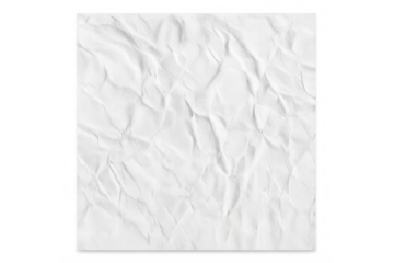 Crumpled white paper sheet texture with rough creased surface, abstract wrinkled blank background with transparent space