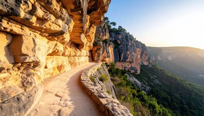 Grand Canyon trail winding along a sheer cliff face bathed in warm sunset light with lush green vegetation visible in the vast canyon below