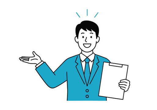 Smiling businessman holding document gesturing openly presenting ideas and opportunities - Flat Vector Illustration. Colored vector illustration