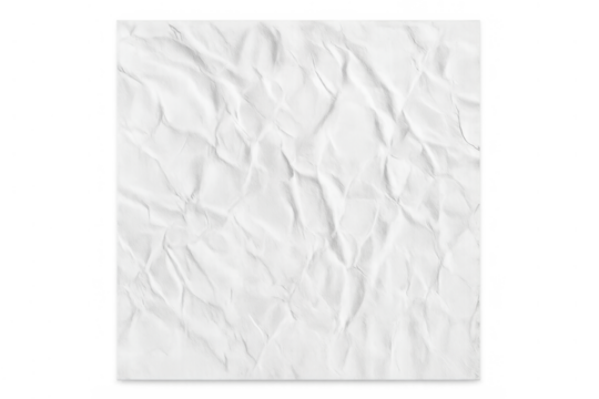Crumpled white paper sheet texture with rough creased surface, abstract wrinkled blank background with transparent space