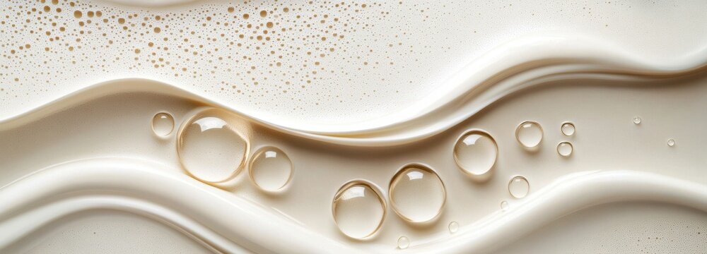 Luxurious foam texture creates a wave-like pattern with water droplets, showcasing gentle cleansing and moisturizing properties