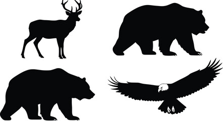 Wild animal silhouettes vector set with bear, deer, and eagle, forest wildlife illustration for outdoor, hunting, and nature design.