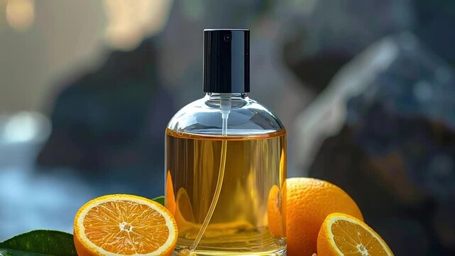 Beautiful glass bottle of amber-hued perfume, artfully arranged with fresh, vibrant oranges and lush green leaves, symbolizing a refreshing and natural citrus fragrance