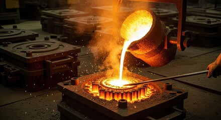 A worker pouring molten metal into a mold in a foundry.