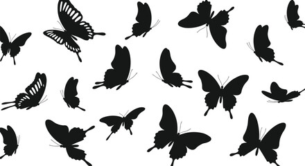 Flying butterfly silhouettes collection, group of insects in motion, black vector design for nature art, beauty, freedom, and transformation.