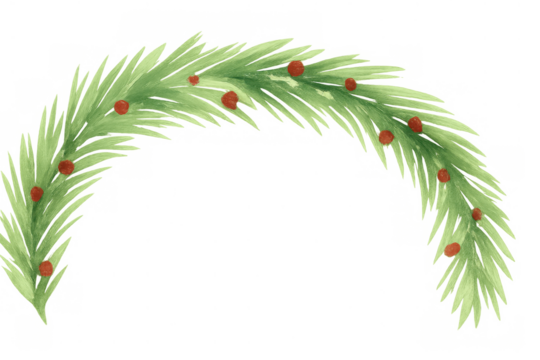 Watercolor christmas garland decorating a pine branch with red berries on transparent background