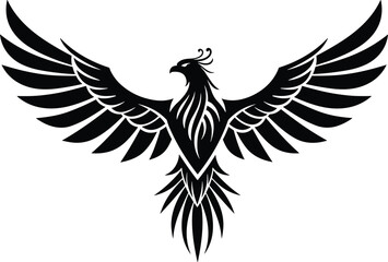 Tribal phoenix bird silhouette, elegant flying firebird tattoo design, mythical creature of rebirth, power, strength, freedom, and transformation symbol.