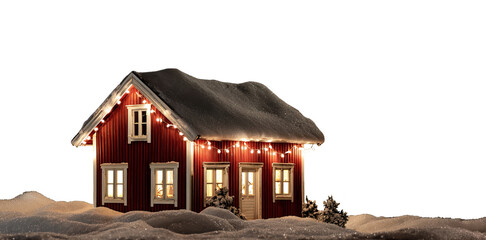 Cozy lit up Christmas house transparent PNG cutout, isolated background.