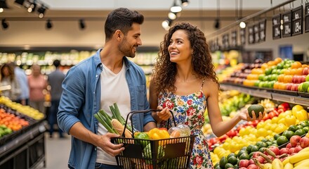 A couple shopping in a grocery store, holding a basket of fresh produce.