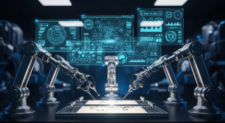 Advanced robotic arms working with digital interface in a high-tech environment