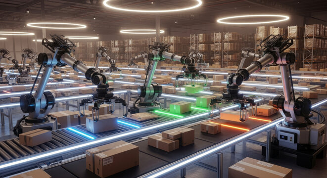 Automated robotic arms working in a modern warehouse environment