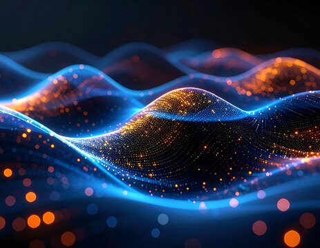 Digital wave of glowing particles with bokeh