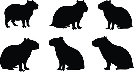 Capybara silhouette set, sitting and standing wildlife animal poses, vector illustration of nature rodent design isolated on white background