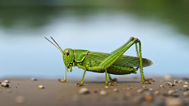 Close up of a green grasshopper on a sandy surface with a blurred background.