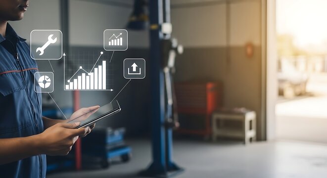 Professional auto technician leveraging a digital tablet with holographic icons for smart diagnostics and data-driven service optimization in a modern repair facility
