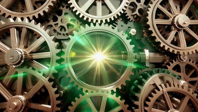 Futuristic Mechanical Gears with Glowing Mint Green Illumination