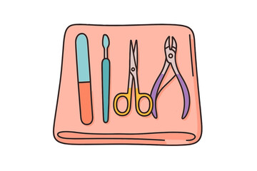 Nail care tools and equipment arranged on pink textile background manicure tools on towel