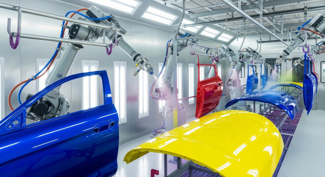 Automated car painting process with robotic arms in a modern factory