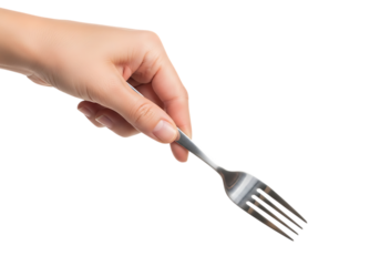 Hand holding a metal fork ready for eating food preparation concept . Isolated on transparent background, png